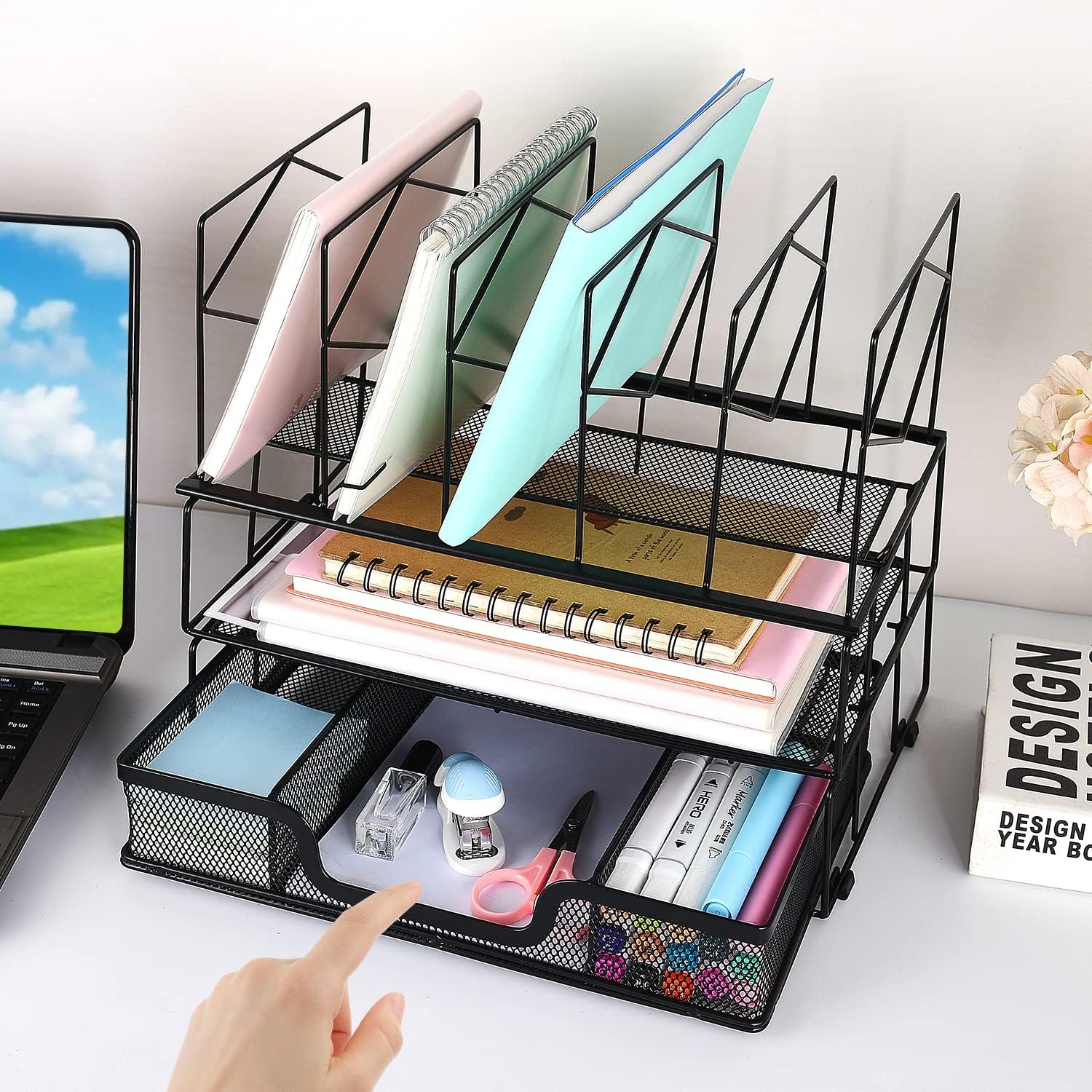 gianotter Desk Organizers and Accessories, Office Supplies Desk Organizer with Sliding Drawer, Double Tray and 5 Upright Sections (Black) - Image 5